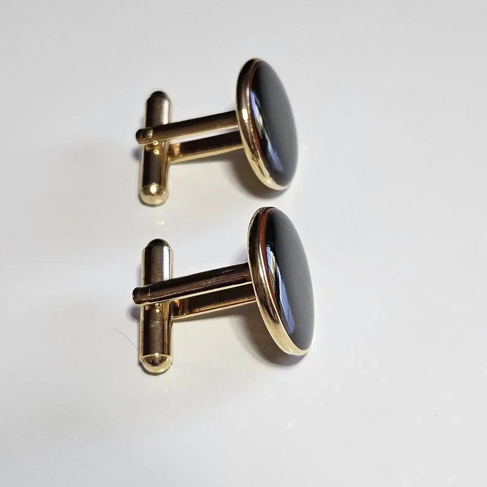 Black Enamel Gold Tone Cufflinks Mens Round Button Lightweight 3/4 Inch Vintage
